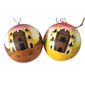 2 Wood Handpainted Ornaments Baubles Holiday Christmas Southwest Style Decor